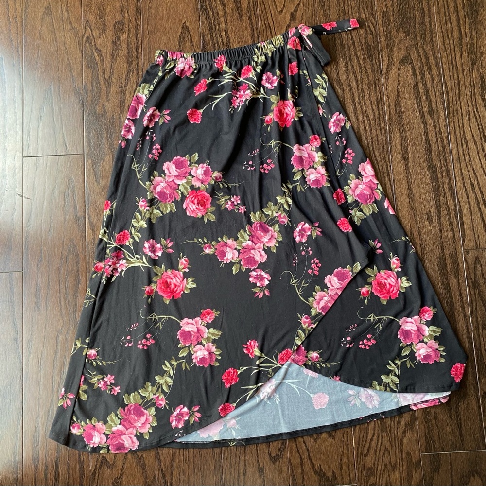 French Grey Floral Wrap Midi Skirt